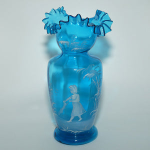 Ice Blue glass Frilled Top Mary Gregory vase depicting a Girl with rag doll | #2