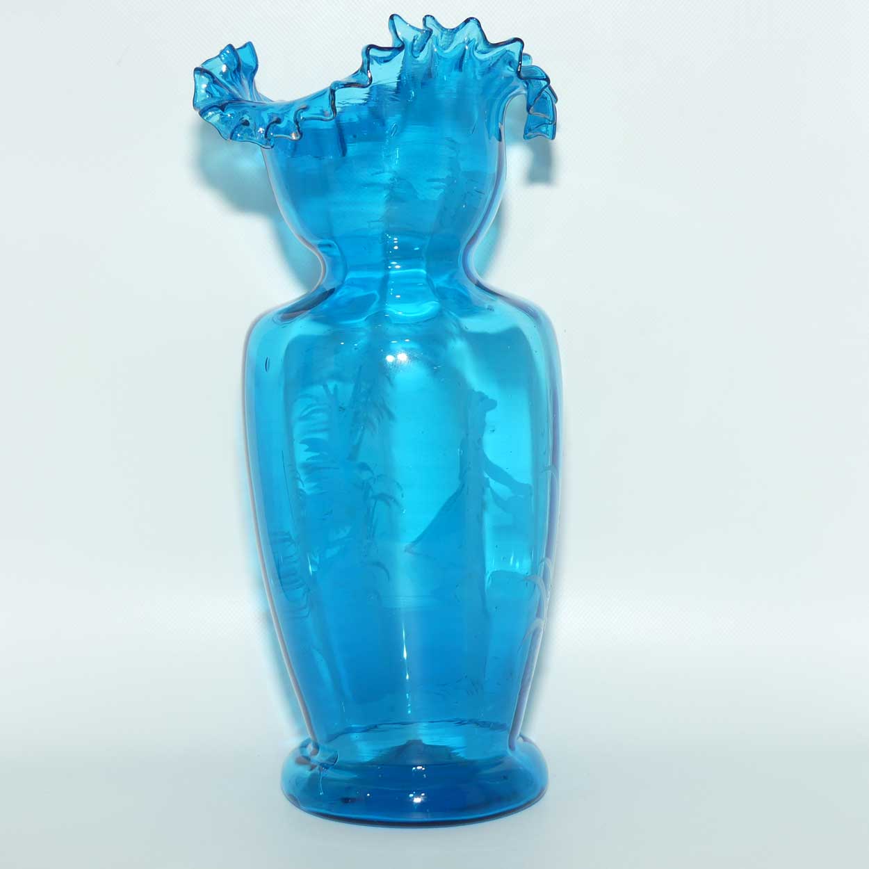 Ice Blue glass Frilled Top Mary Gregory vase depicting a Girl with rag doll | #2