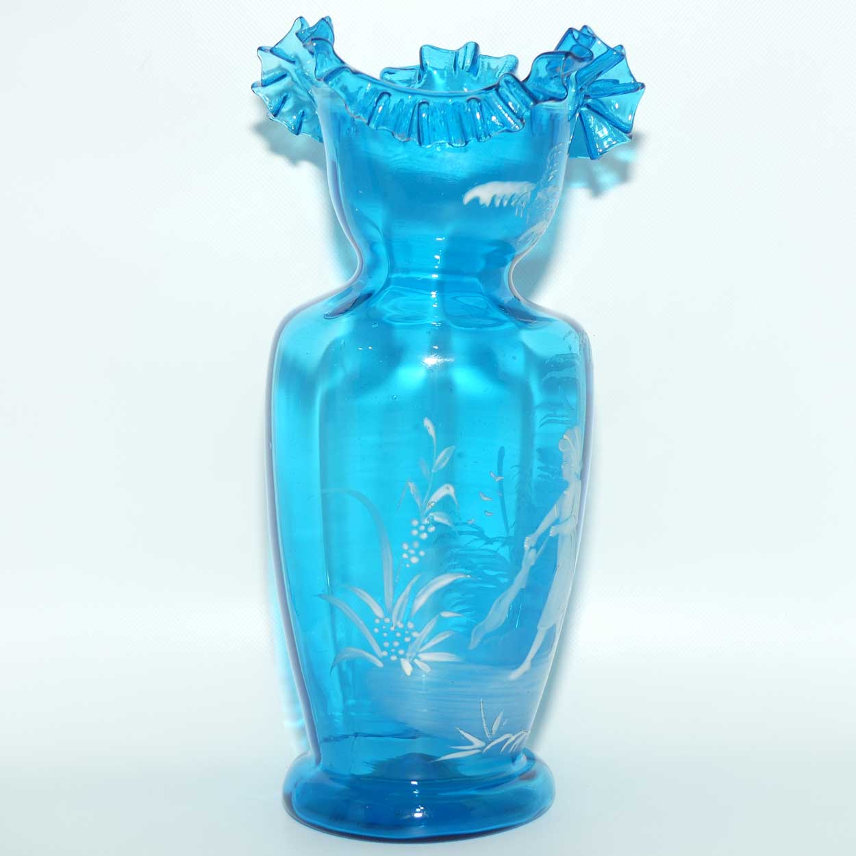 Ice Blue glass Frilled Top Mary Gregory vase depicting a Girl with rag doll | #2
