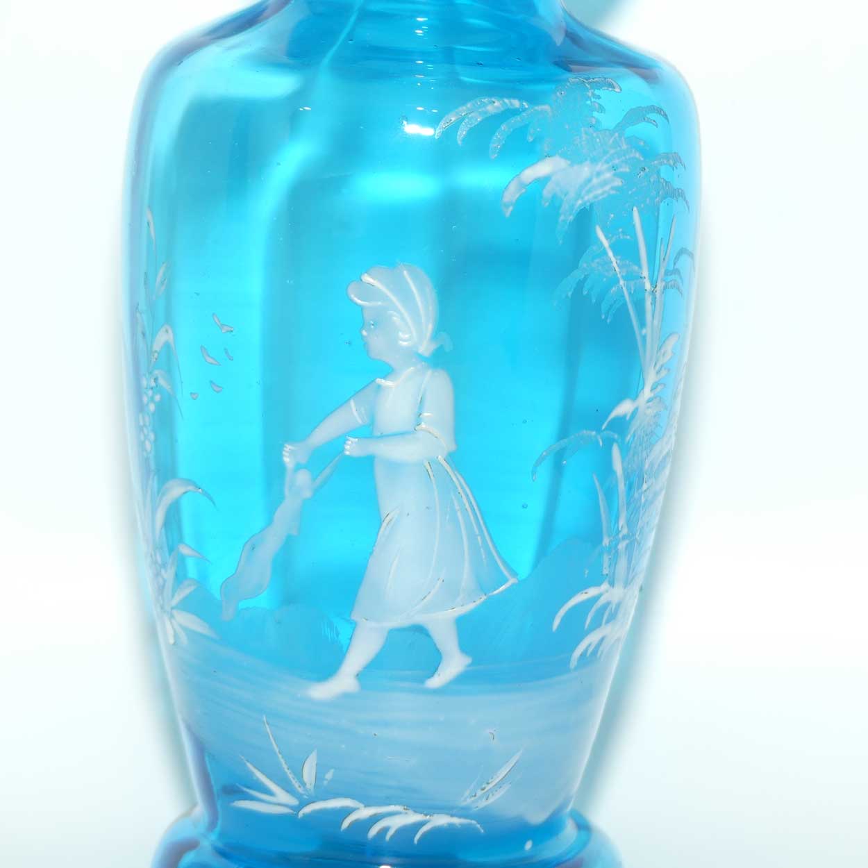 Ice Blue glass Frilled Top Mary Gregory vase depicting a Girl with rag doll | #2