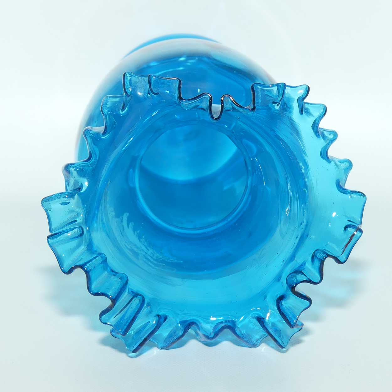 Ice Blue glass Frilled Top Mary Gregory vase depicting a Girl with rag doll | #2