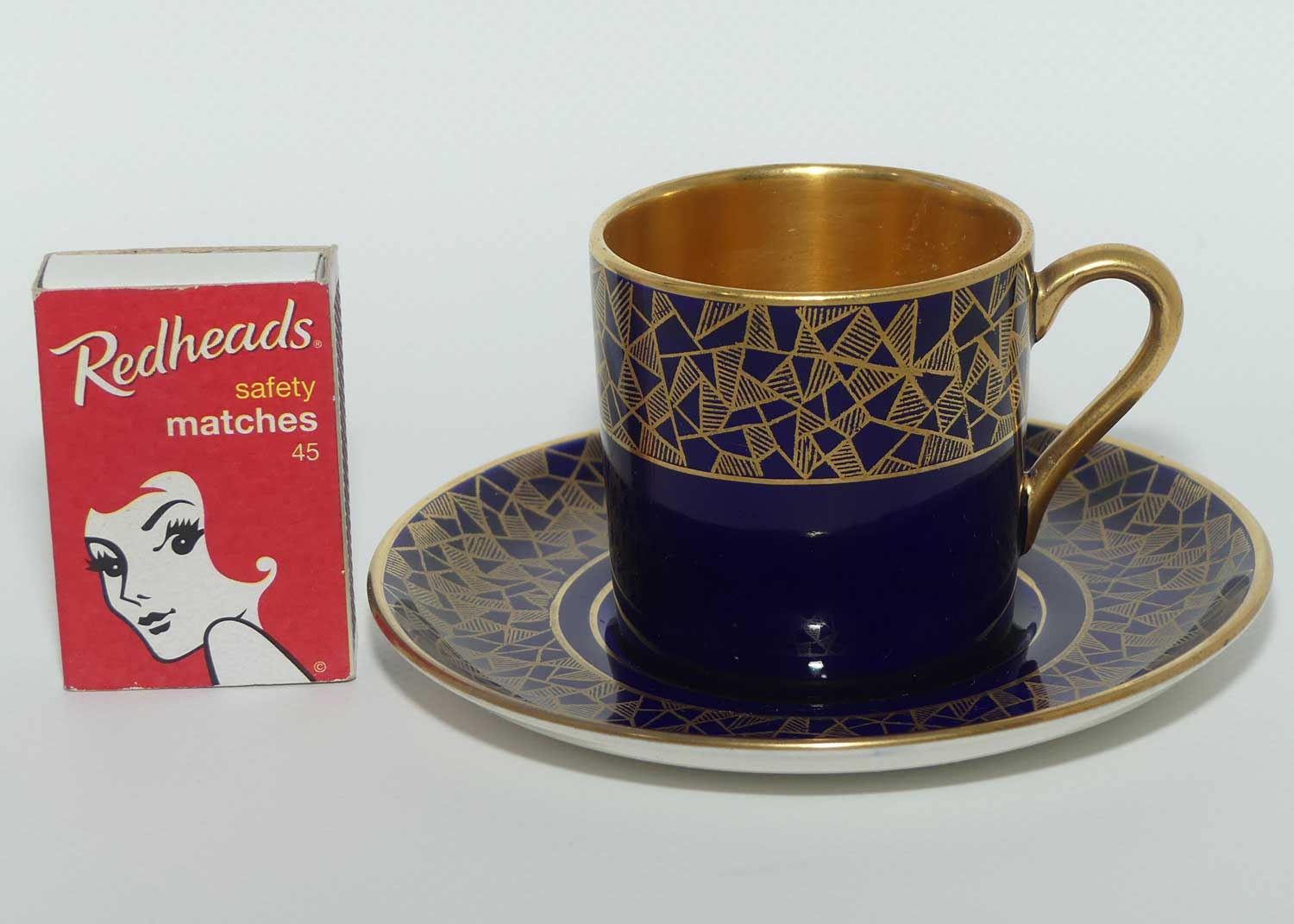 Crown Devon Fieldings Blue and Gilt demi tasse duo
