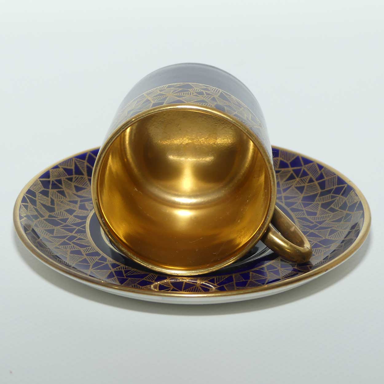 Crown Devon Fieldings Blue and Gilt demi tasse duo