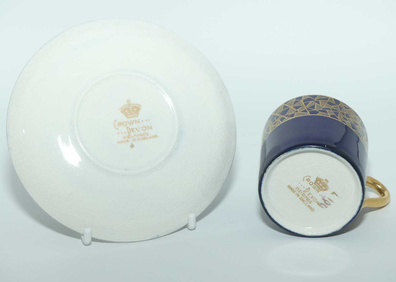 Crown Devon Fieldings Blue and Gilt demi tasse duo