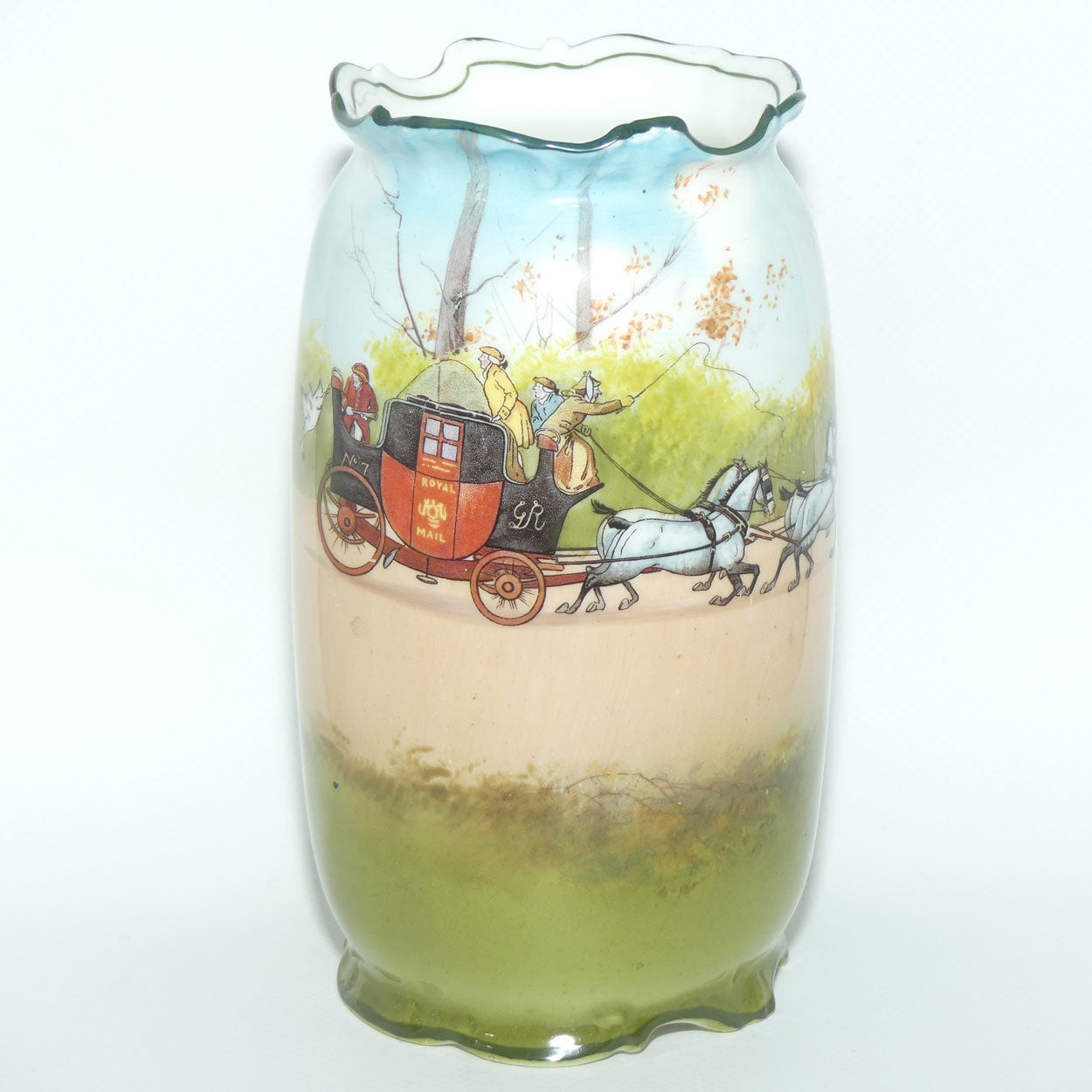 Royal Doulton Coaching Days bulbous vase with fancy rim E2768 | rare Blue Sky variation