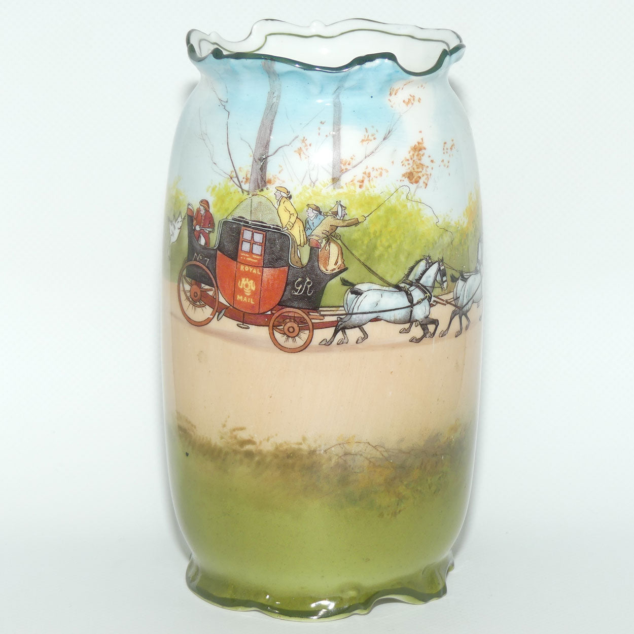 Royal Doulton Coaching Days bulbous vase with fancy rim E2768 | rare Blue Sky variation