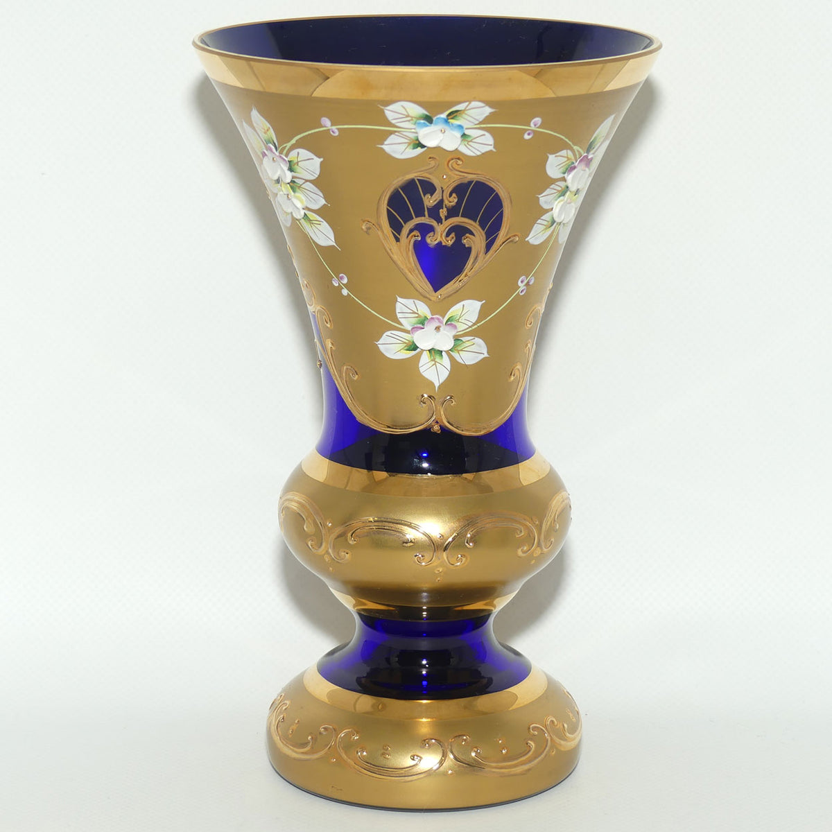 Vintage Bohemian Egermann vase | High Gilt and Floral Decor on Dark Blue | Trumpet shape