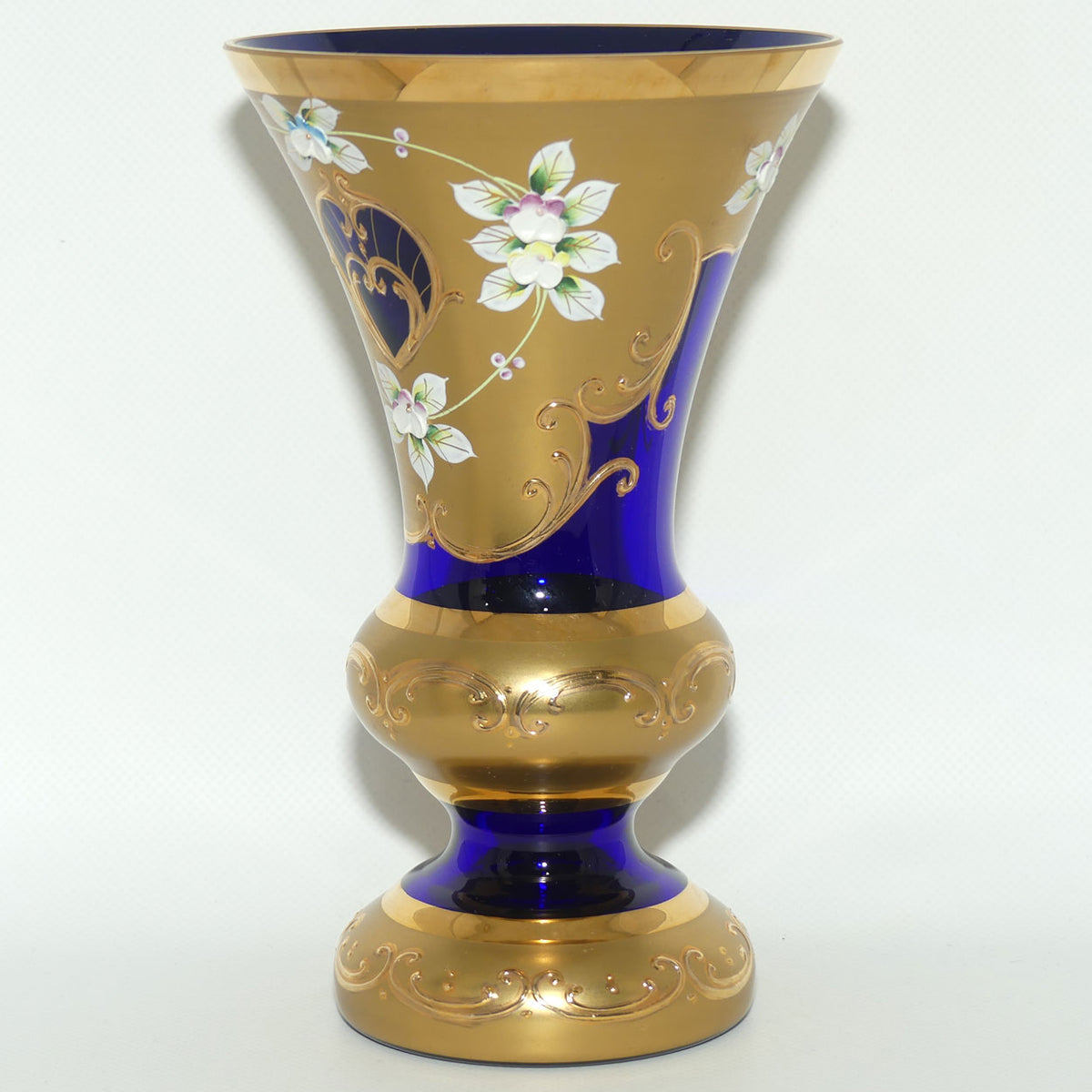 Vintage Bohemian Egermann vase | High Gilt and Floral Decor on Dark Blue | Trumpet shape