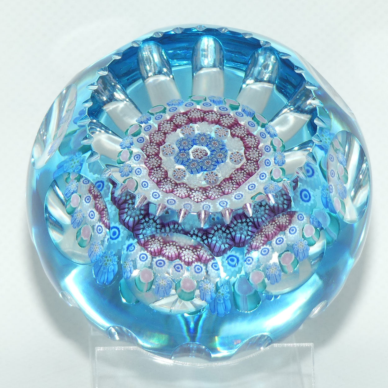 John Deacons Scotland Blue Flash Overlay Millefiori Concentric Magnum paperweight