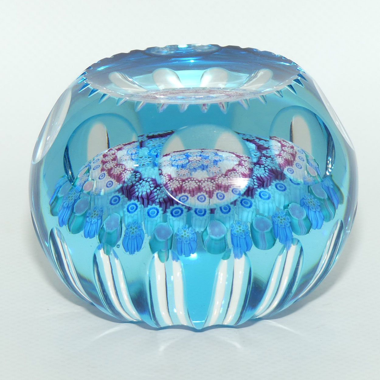 John Deacons Scotland Blue Flash Overlay Millefiori Concentric Magnum paperweight