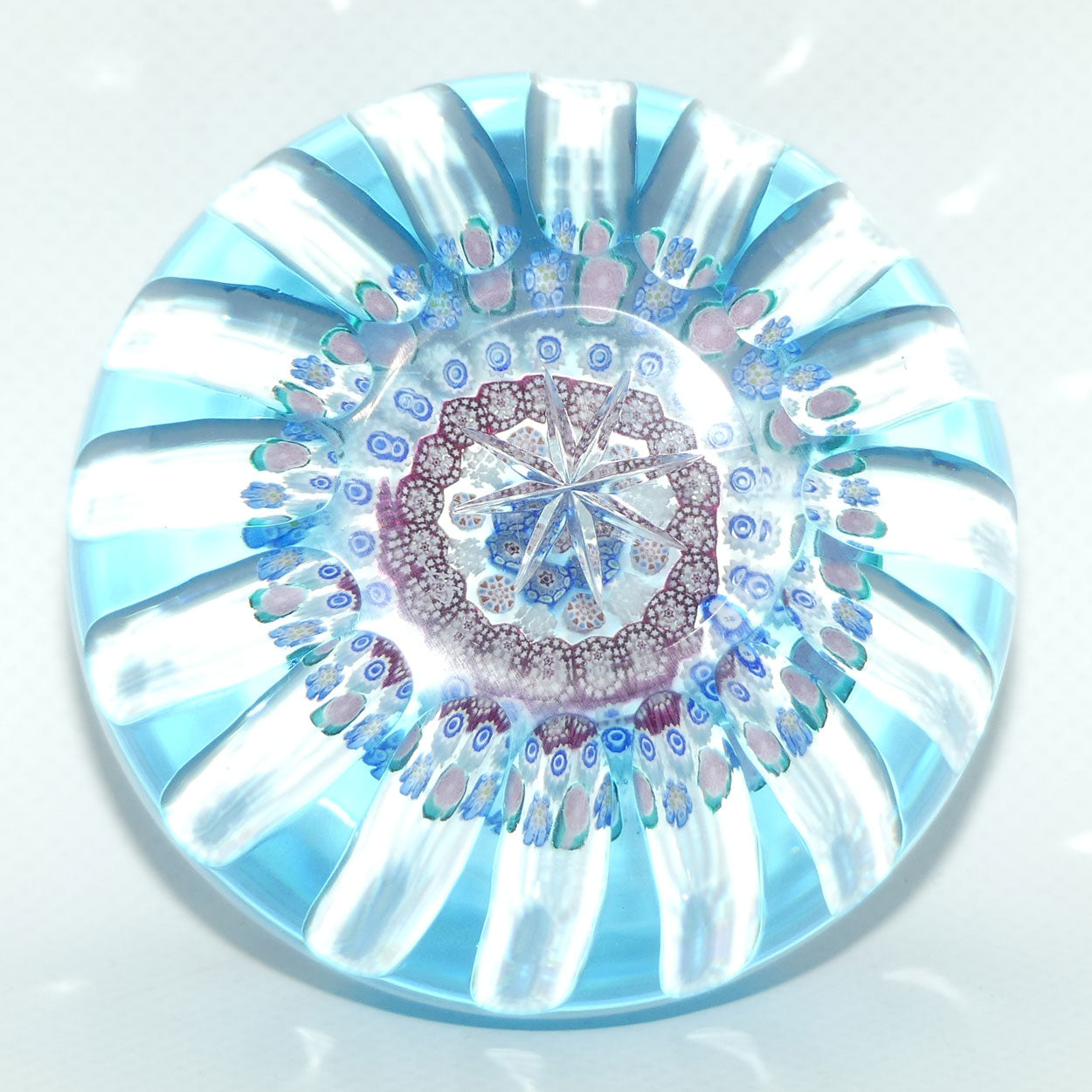 John Deacons Scotland Blue Flash Overlay Millefiori Concentric Magnum paperweight