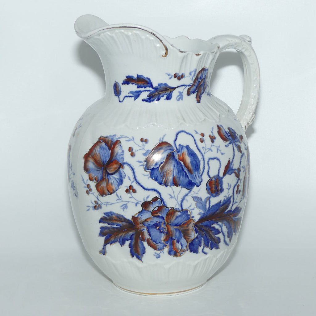 English Flow Blue | Iron Red floral decorated wash jug