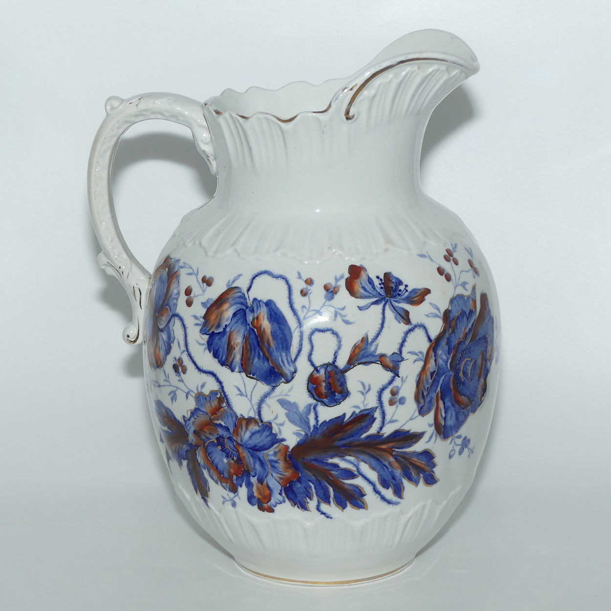 English Flow Blue | Iron Red floral decorated wash jug