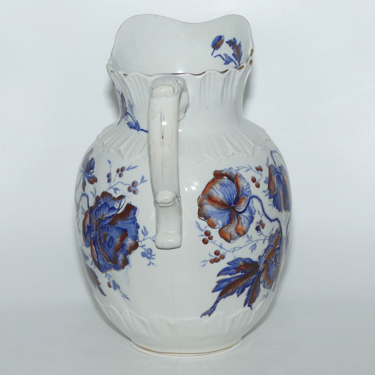 English Flow Blue | Iron Red floral decorated wash jug