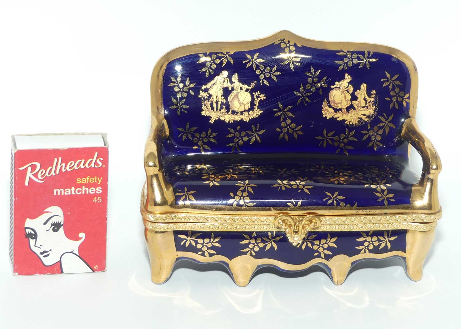 La Reine Limoges France Blue and Gilt settee shape trinket box
