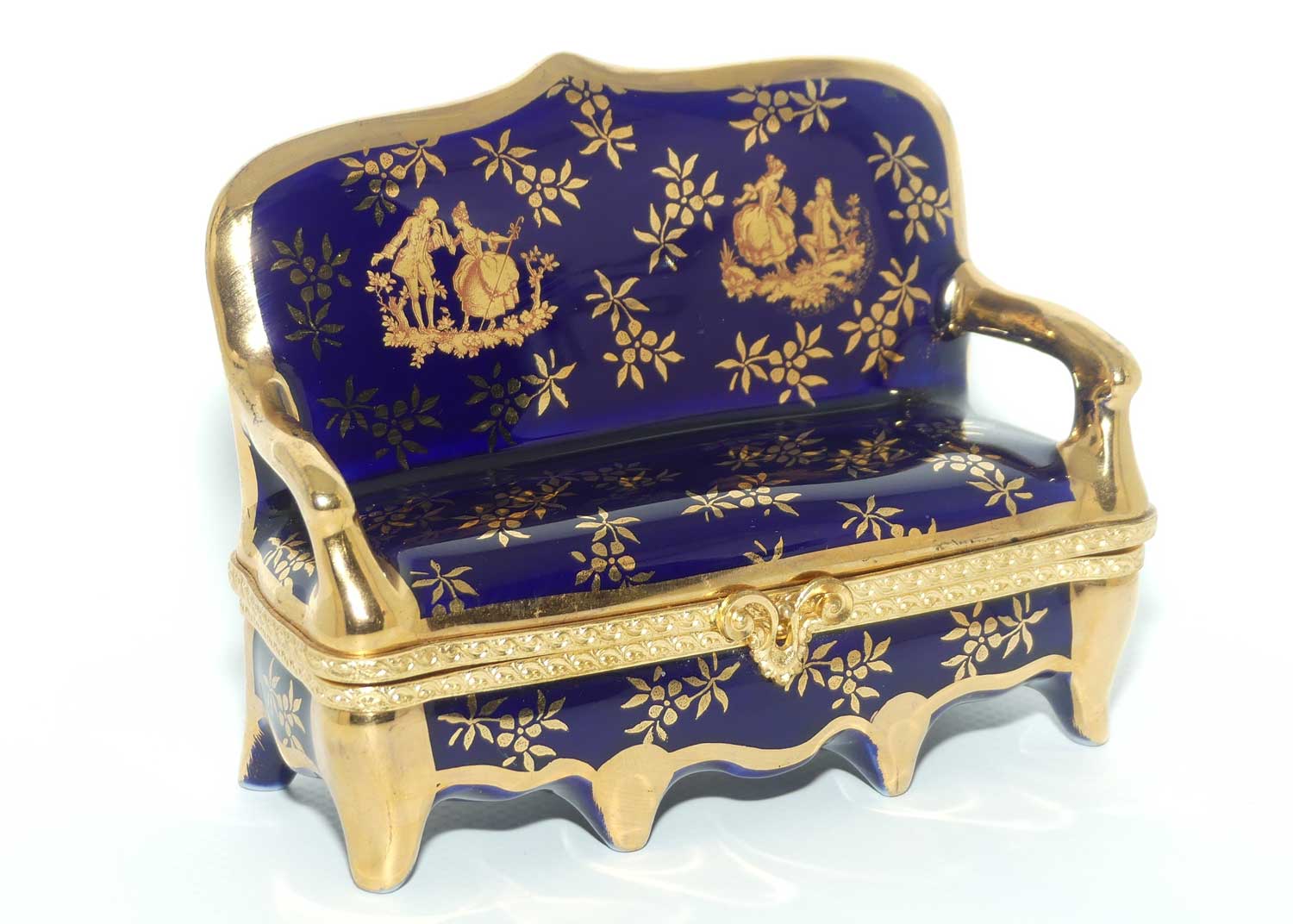 La Reine Limoges France Blue and Gilt settee shape trinket box