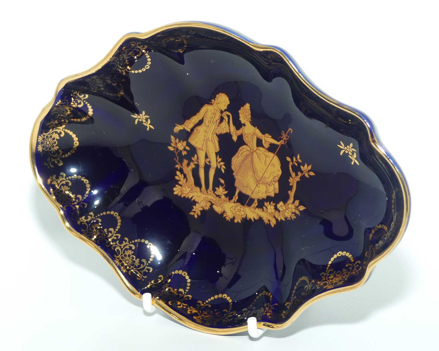 Limoges Veritable Porcelain France Blue and Gilt oval shape trinket bowl | 18cm wide