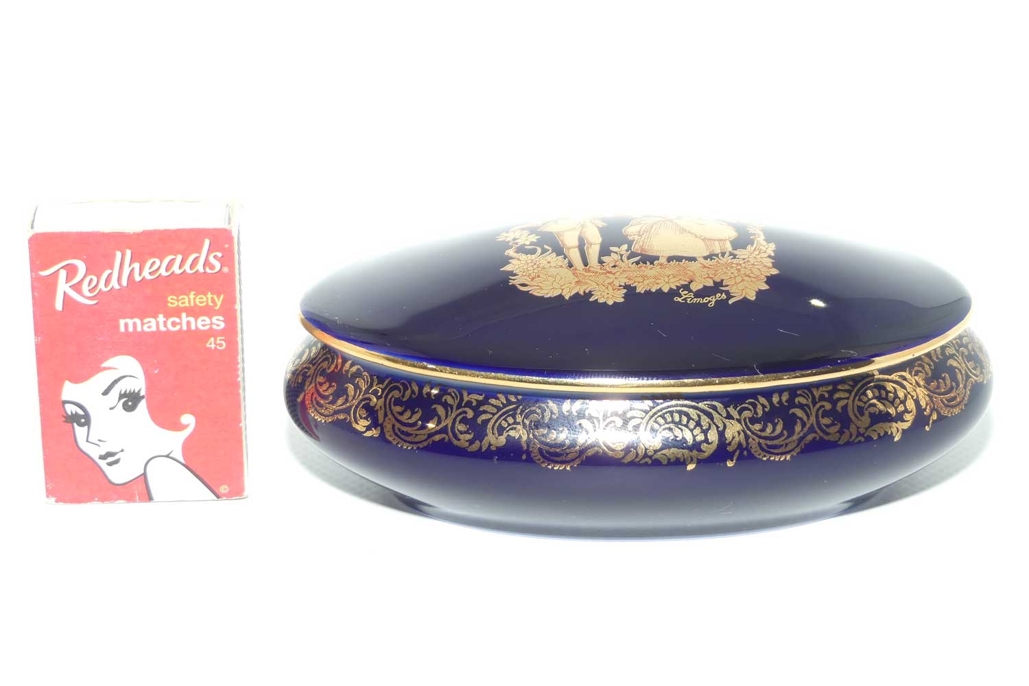 Limoges Castel France Blue and Gilt oval shape trinket box or powder bowl | 13cm wide