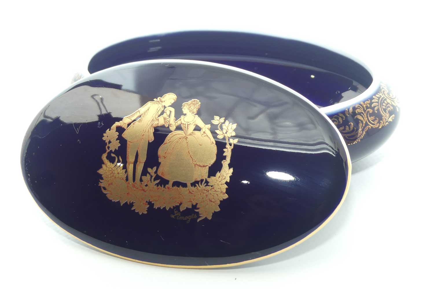 Limoges Castel France Blue and Gilt oval shape trinket box or powder bowl | 13cm wide