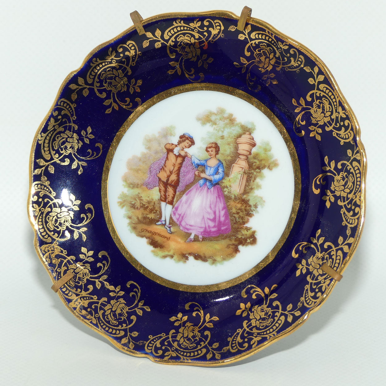 Limoges Porcelain France Blue and Gilt cabinet plate | Coloured Scene | 13cm wide