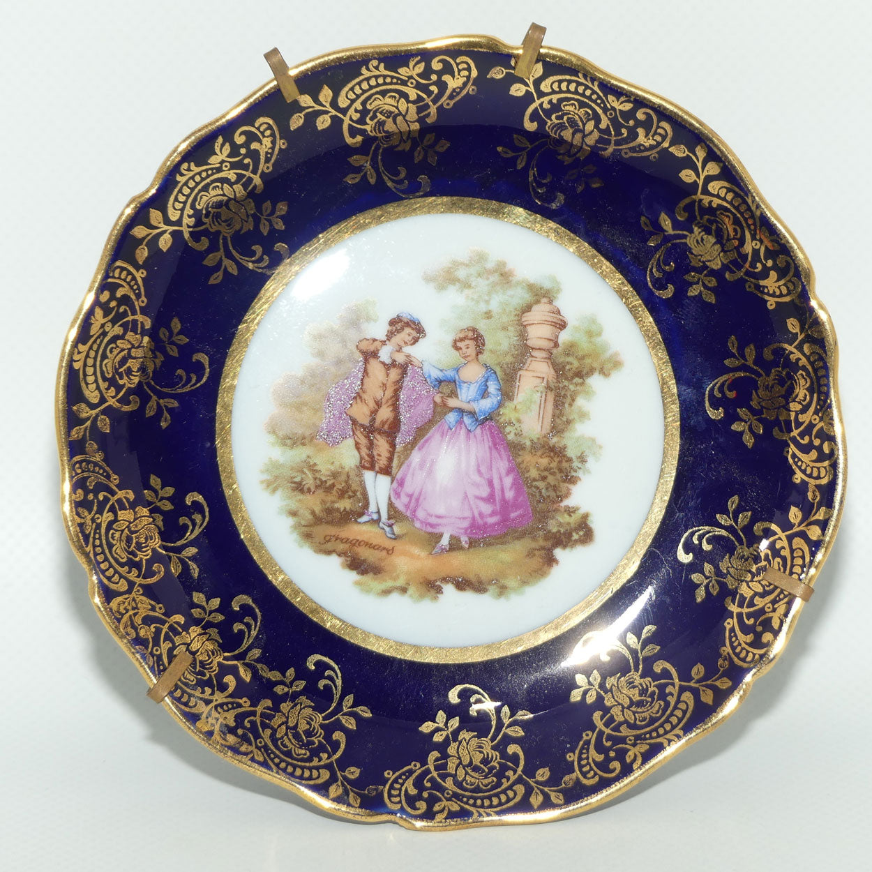 Limoges Porcelain France Blue and Gilt cabinet plate | Coloured Scene | 13cm wide