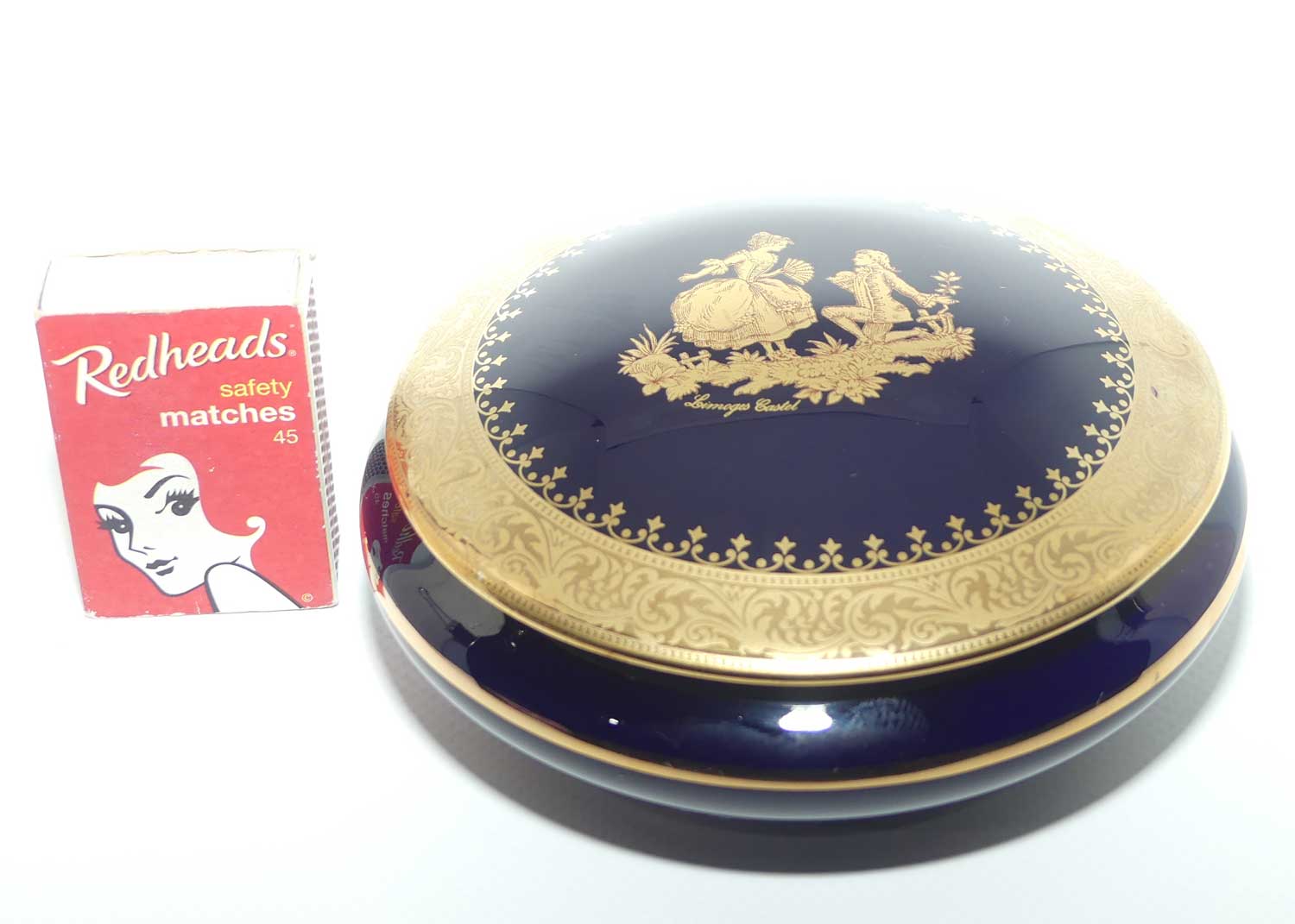 Limoges Castel France Blue and Gilt round shape trinket box or powder bowl | 12cm diam