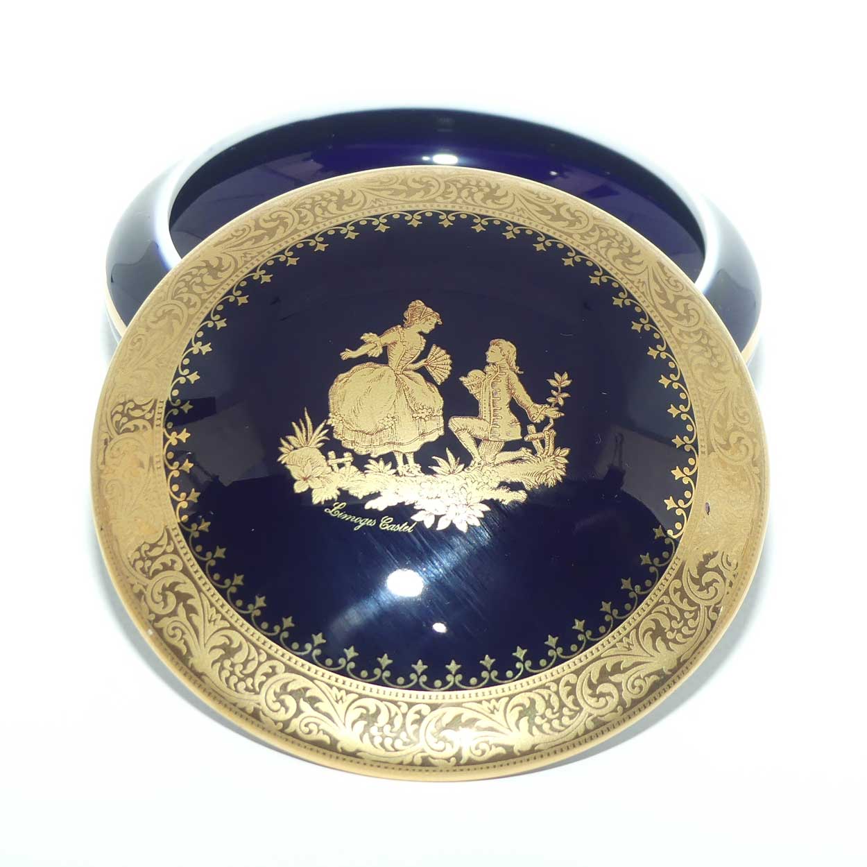 Limoges Castel France Blue and Gilt round shape trinket box or powder bowl | 12cm diam