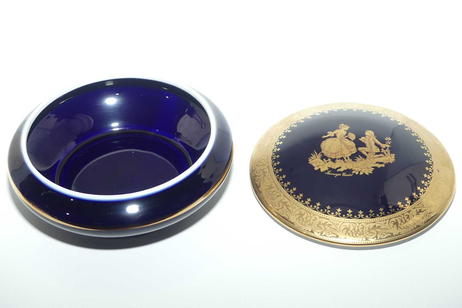 Limoges Castel France Blue and Gilt round shape trinket box or powder bowl | 12cm diam
