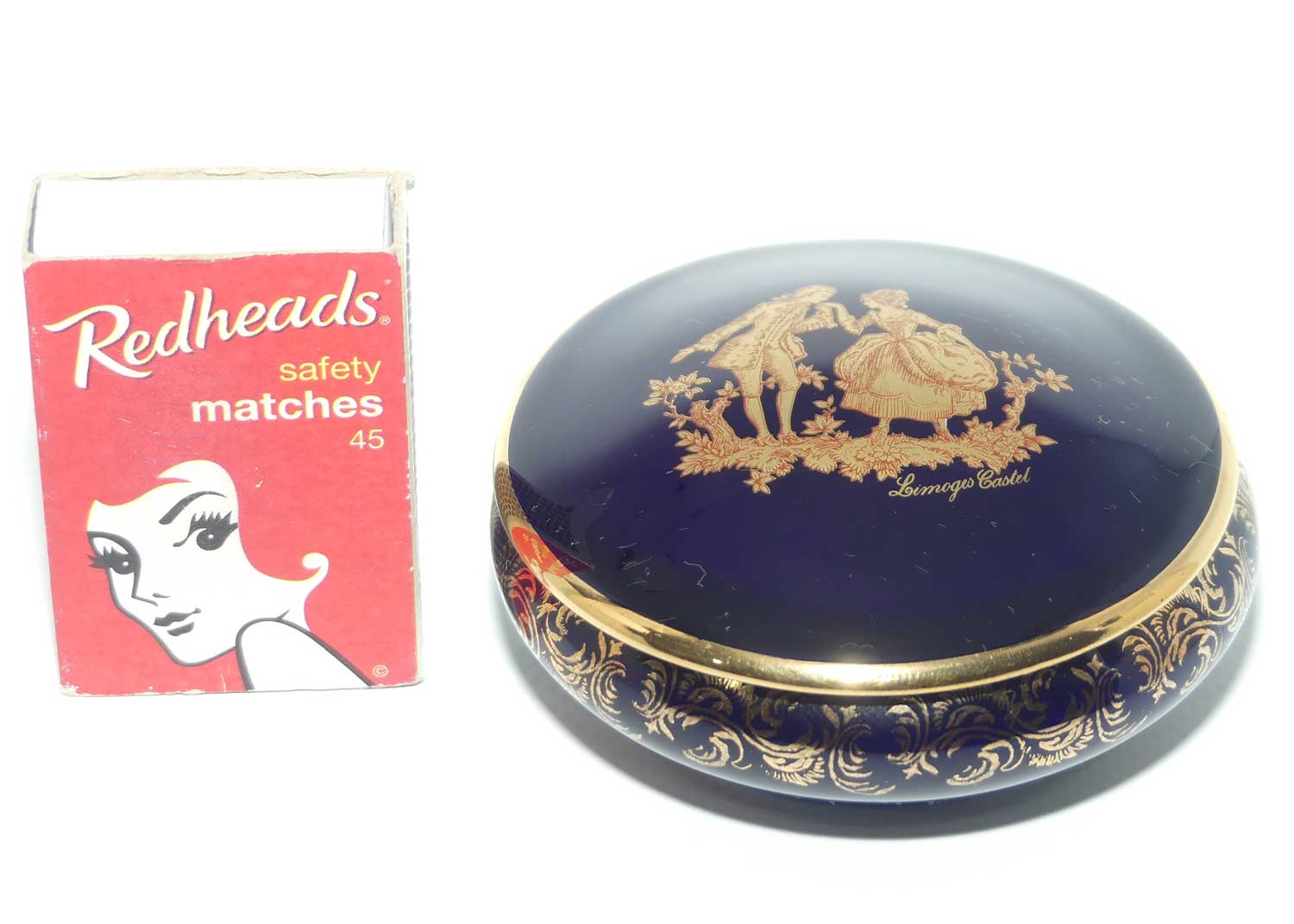 Limoges Castel France Blue and Gilt round shape trinket box  | 8cm diam