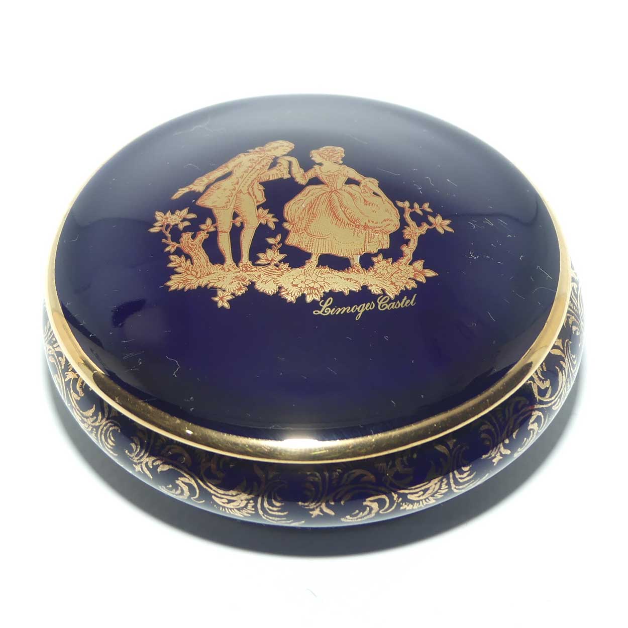 Limoges Castel France Blue and Gilt round shape trinket box  | 8cm diam