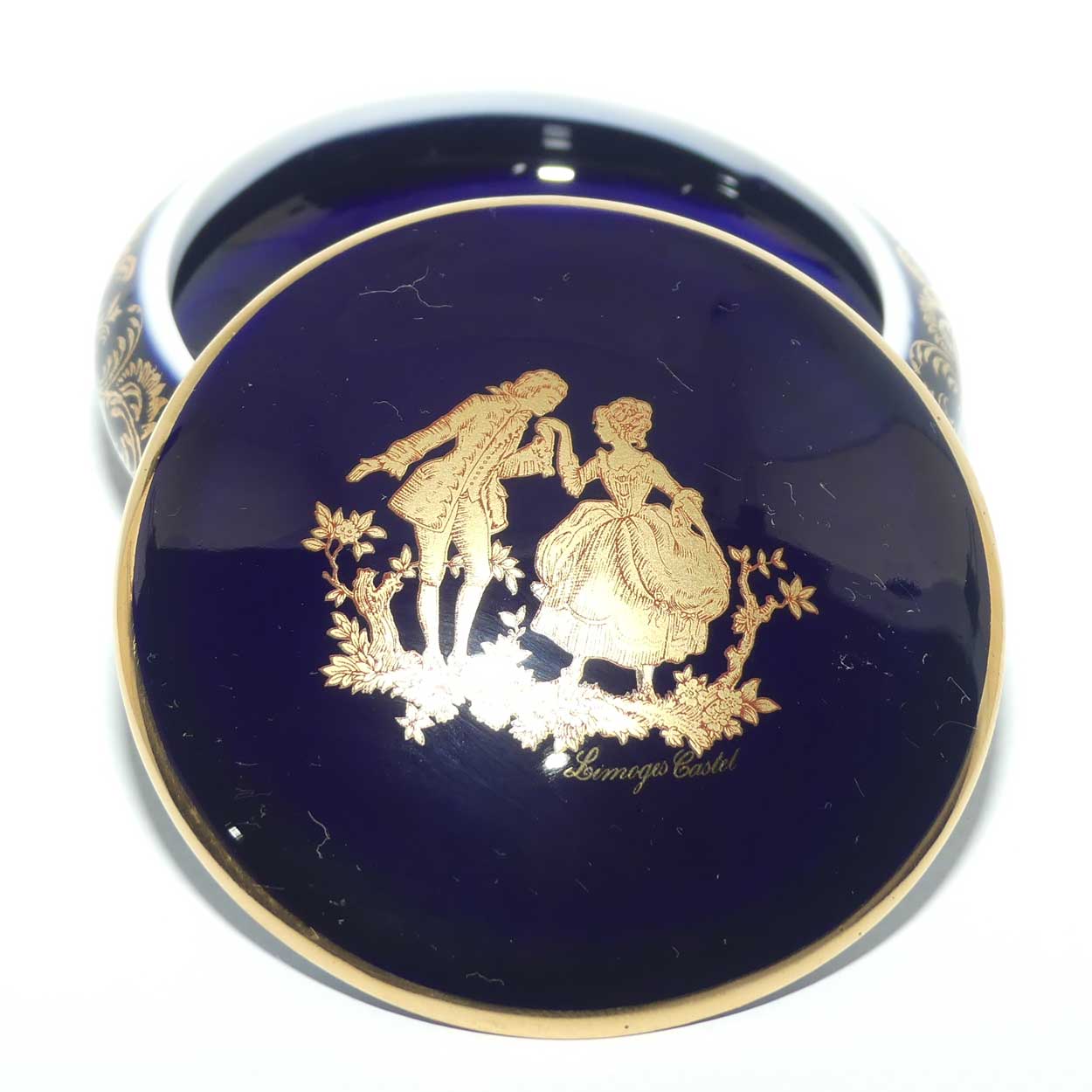 Limoges Castel France Blue and Gilt round shape trinket box  | 8cm diam