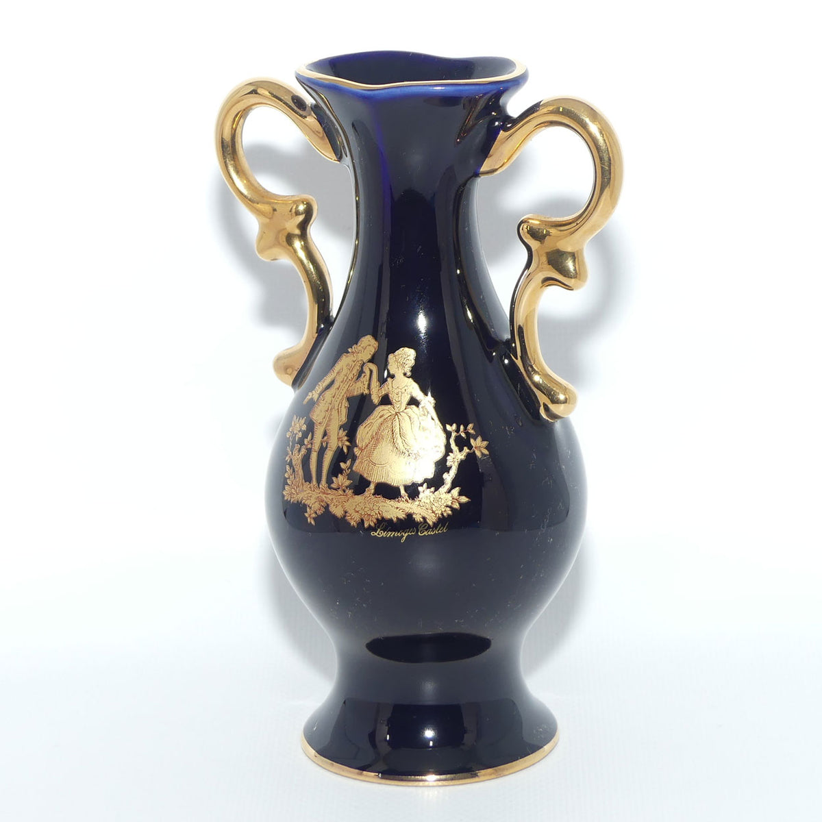 Limoges Castel France Gold on Blue twin handle vase