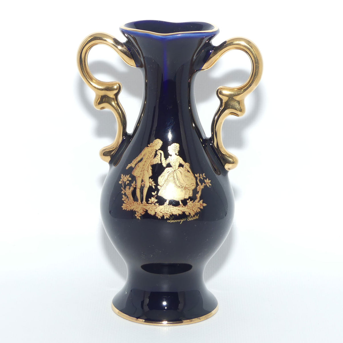 Limoges Castel France Gold on Blue twin handle vase