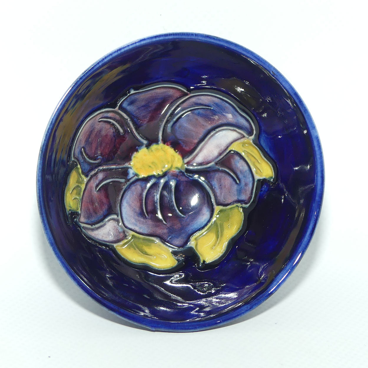 Walter Moorcroft Clematis with Blue ground footed bowl | Purple Flower | 8.7cm diam | #2