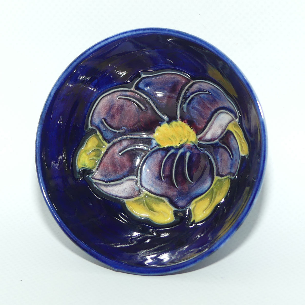 Walter Moorcroft Clematis with Blue ground footed bowl | Purple Flower | 8.7cm diam | #2