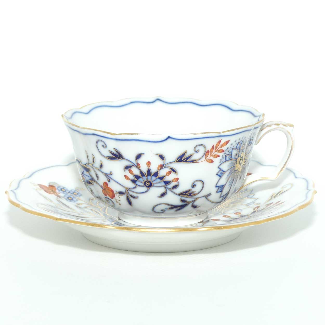 Meissen Blue Onion with Red Accents and Gold tea trio