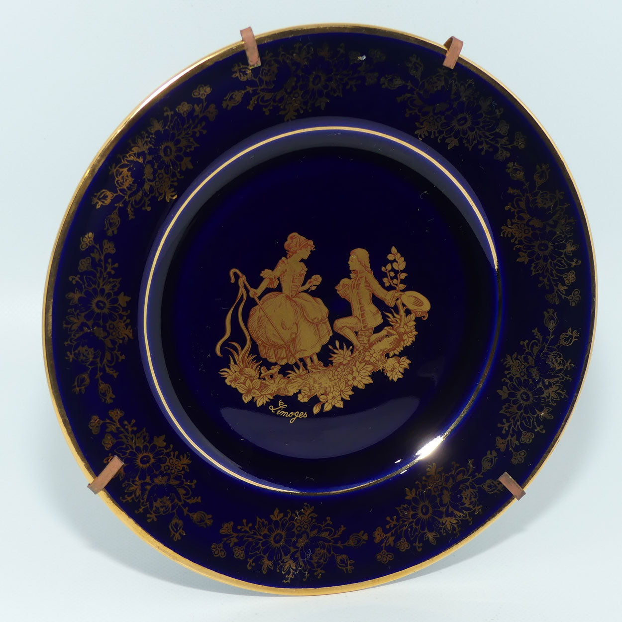 Limoges Porcelain Courting plate in wire frame | 15.5cm | Blue and Gilt