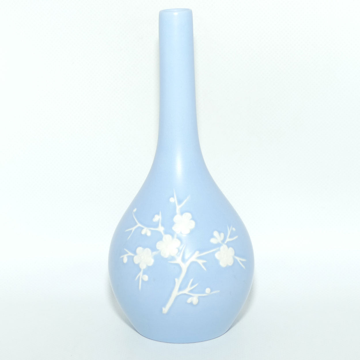 Copeland Spode England Pale Blue taper neck vase | Embossed Prunus design