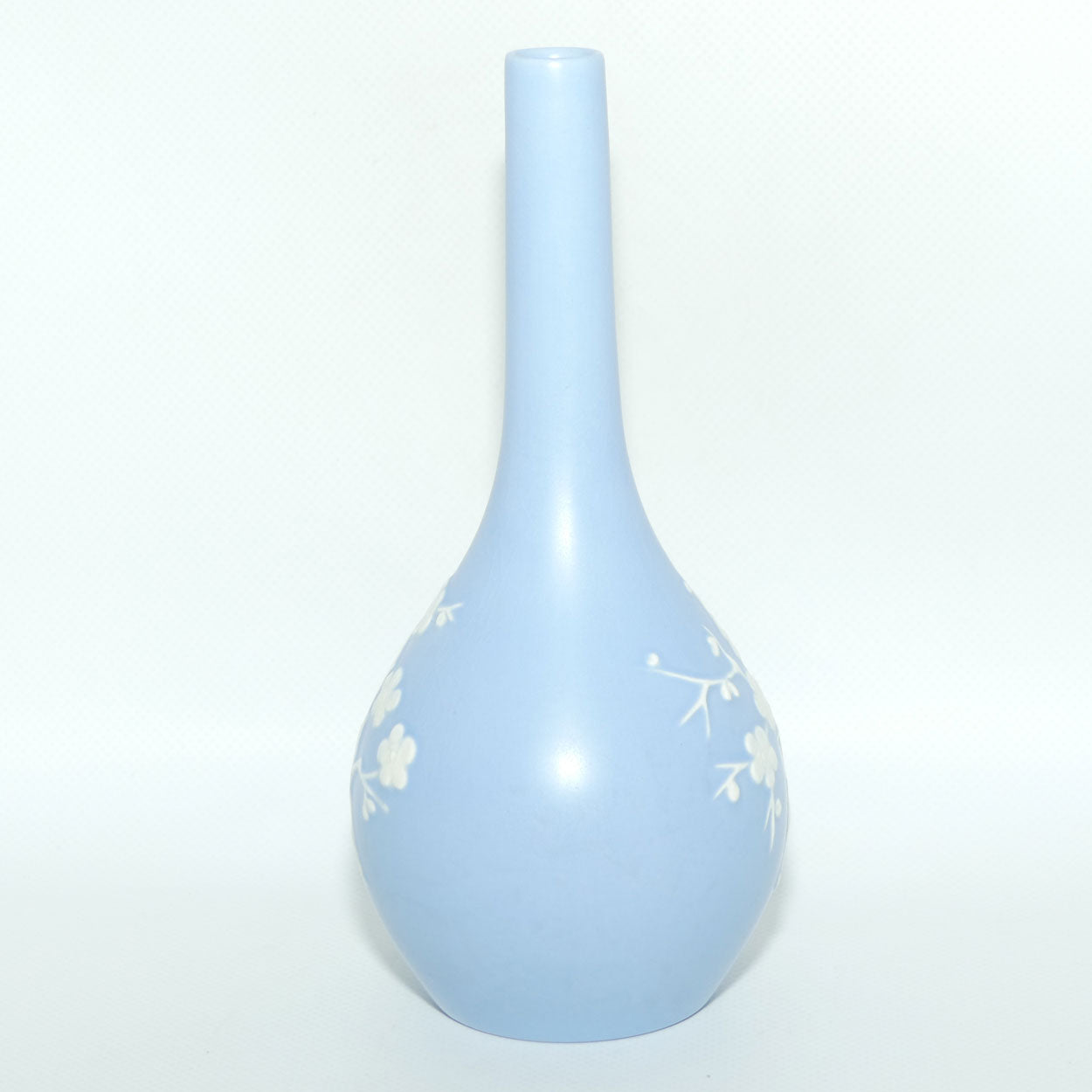Copeland Spode England Pale Blue taper neck vase | Embossed Prunus design
