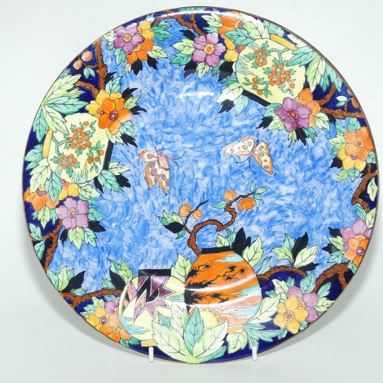 Maling plate Art Deco hand enamelled Butterfly and Pomegranate plate 5738 | Blue Ground