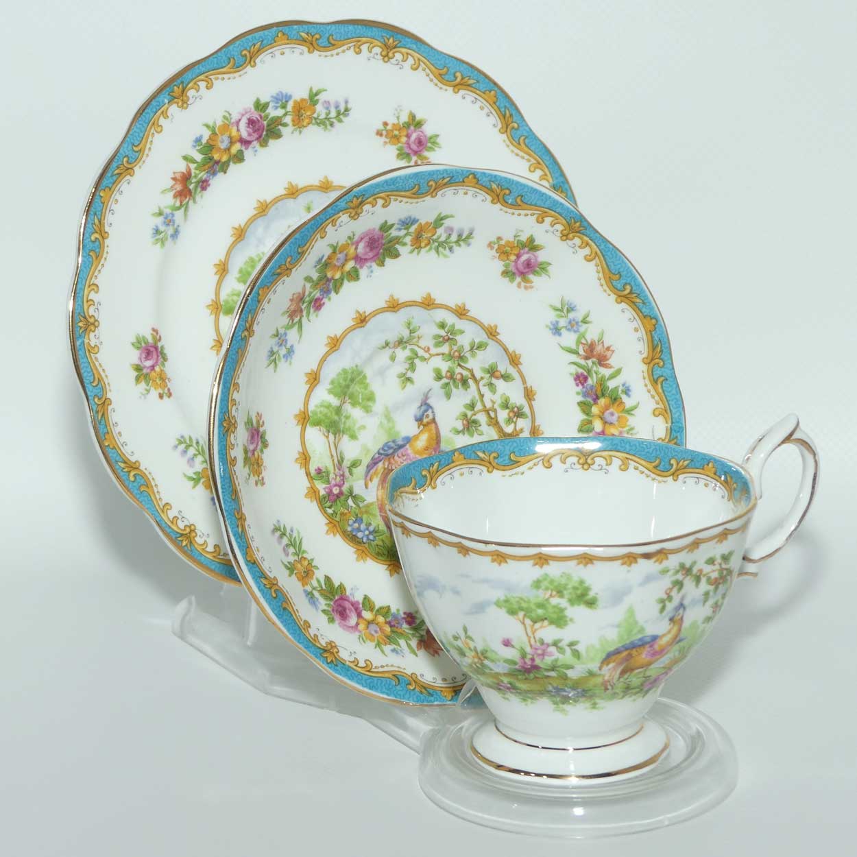 Royal Albert Bone China Chelsea Bird trio | Aqua Blue Trim