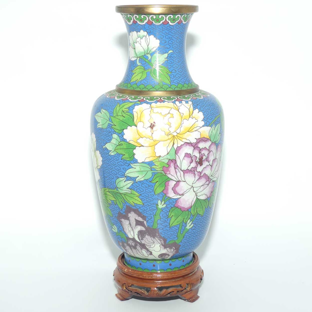 Mid Century Cloisonne vase | Blue Body #2 | Flowers and Bird | 31cm