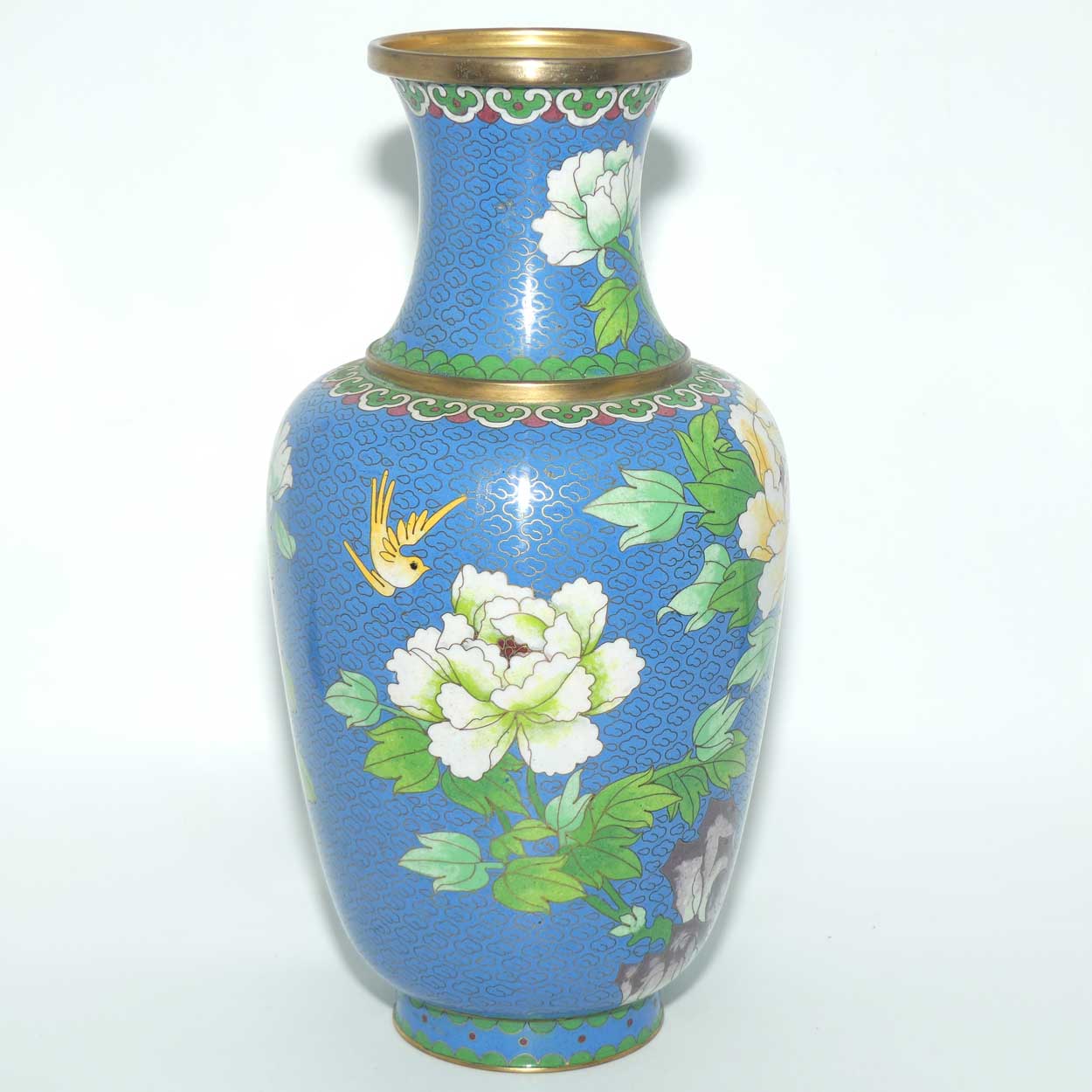 Mid Century Cloisonne vase | Blue Body #2 | Flowers and Bird | 31cm