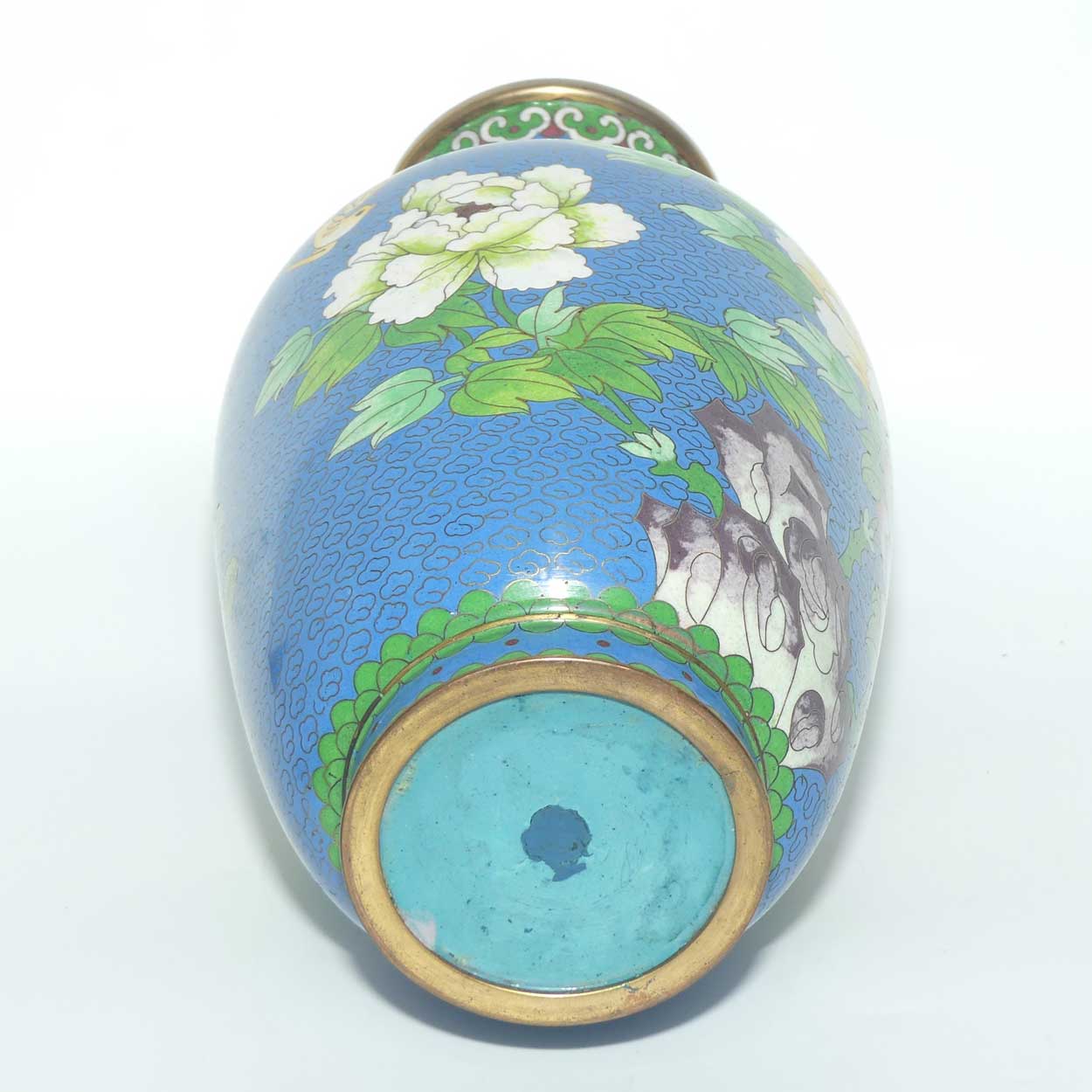 Mid Century Cloisonne vase | Blue Body #2 | Flowers and Bird | 31cm