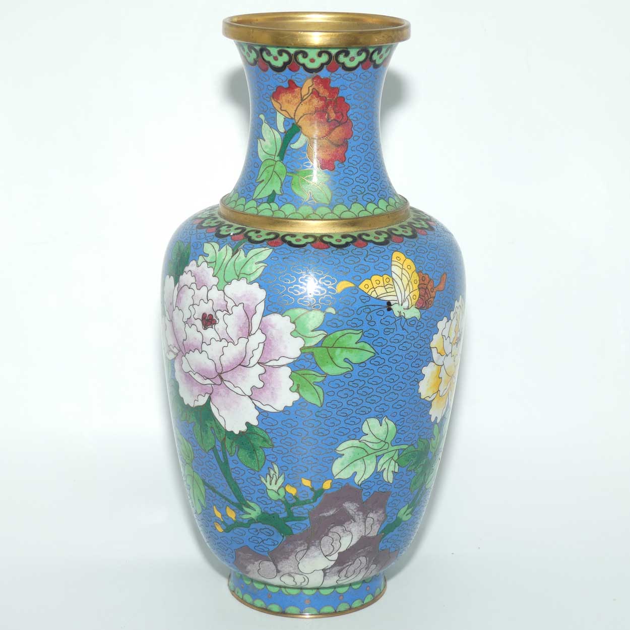 Mid Century Cloisonne vase | Blue Body #1 | Flowers and Butterfly | 31cm