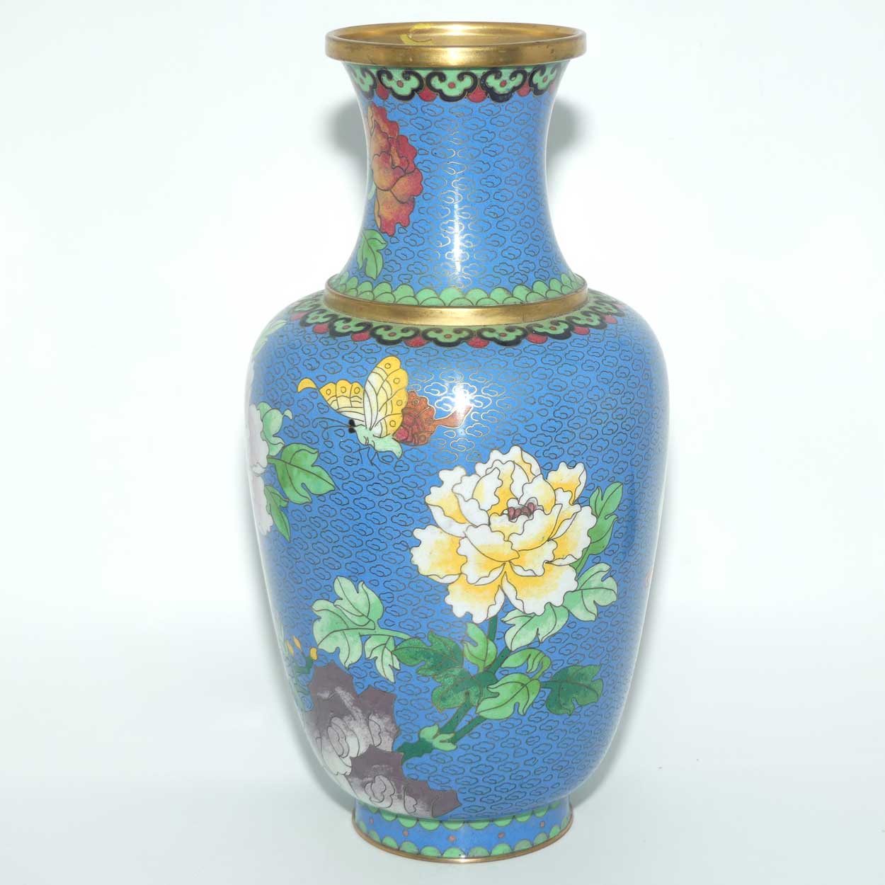 Mid Century Cloisonne vase | Blue Body #1 | Flowers and Butterfly | 31cm