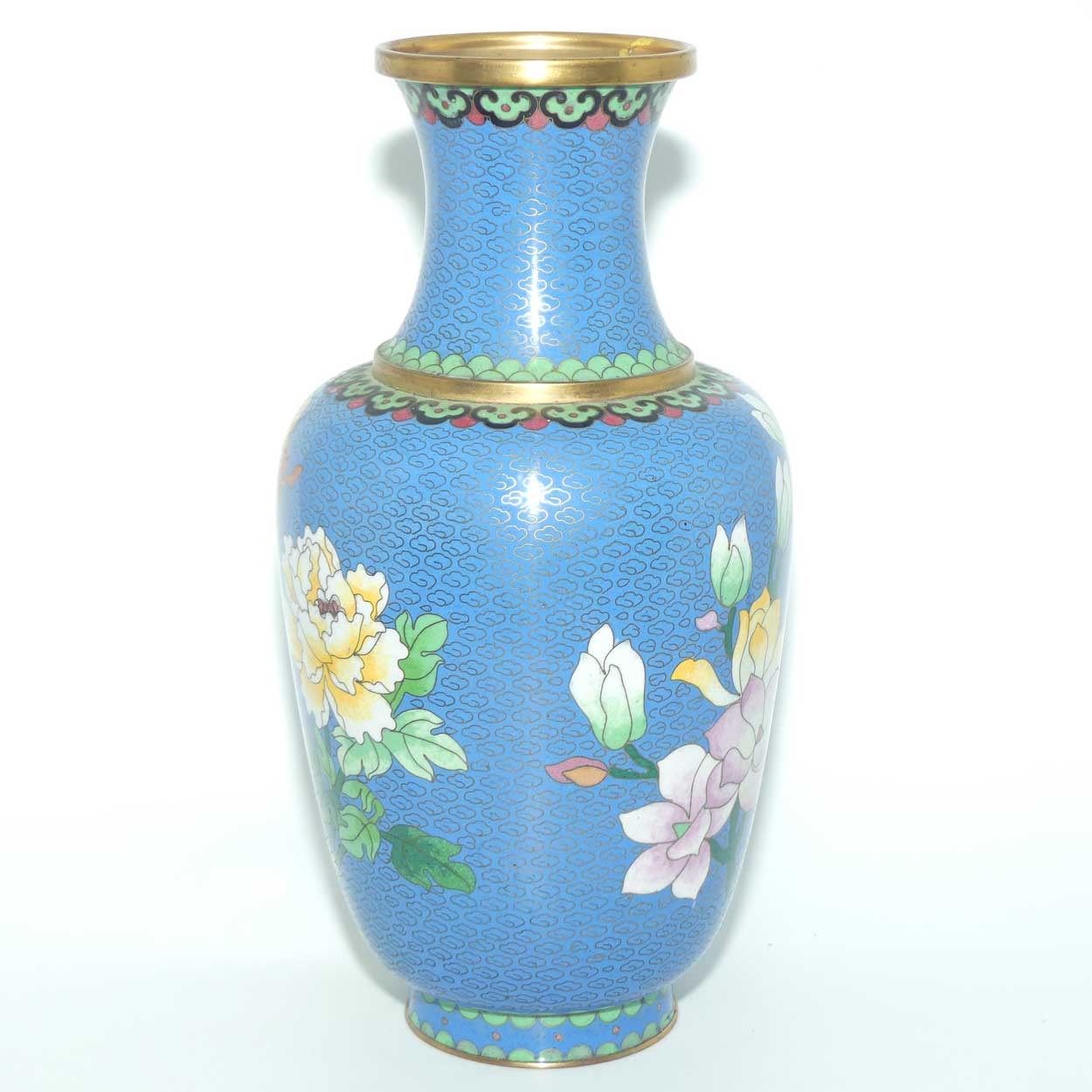 Mid Century Cloisonne vase | Blue Body #1 | Flowers and Butterfly | 31cm