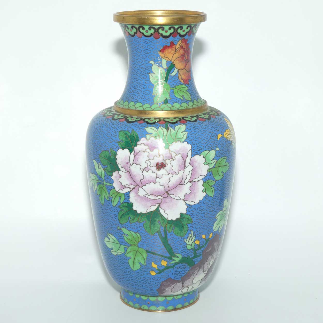 Mid Century Cloisonne vase | Blue Body #1 | Flowers and Butterfly | 31cm