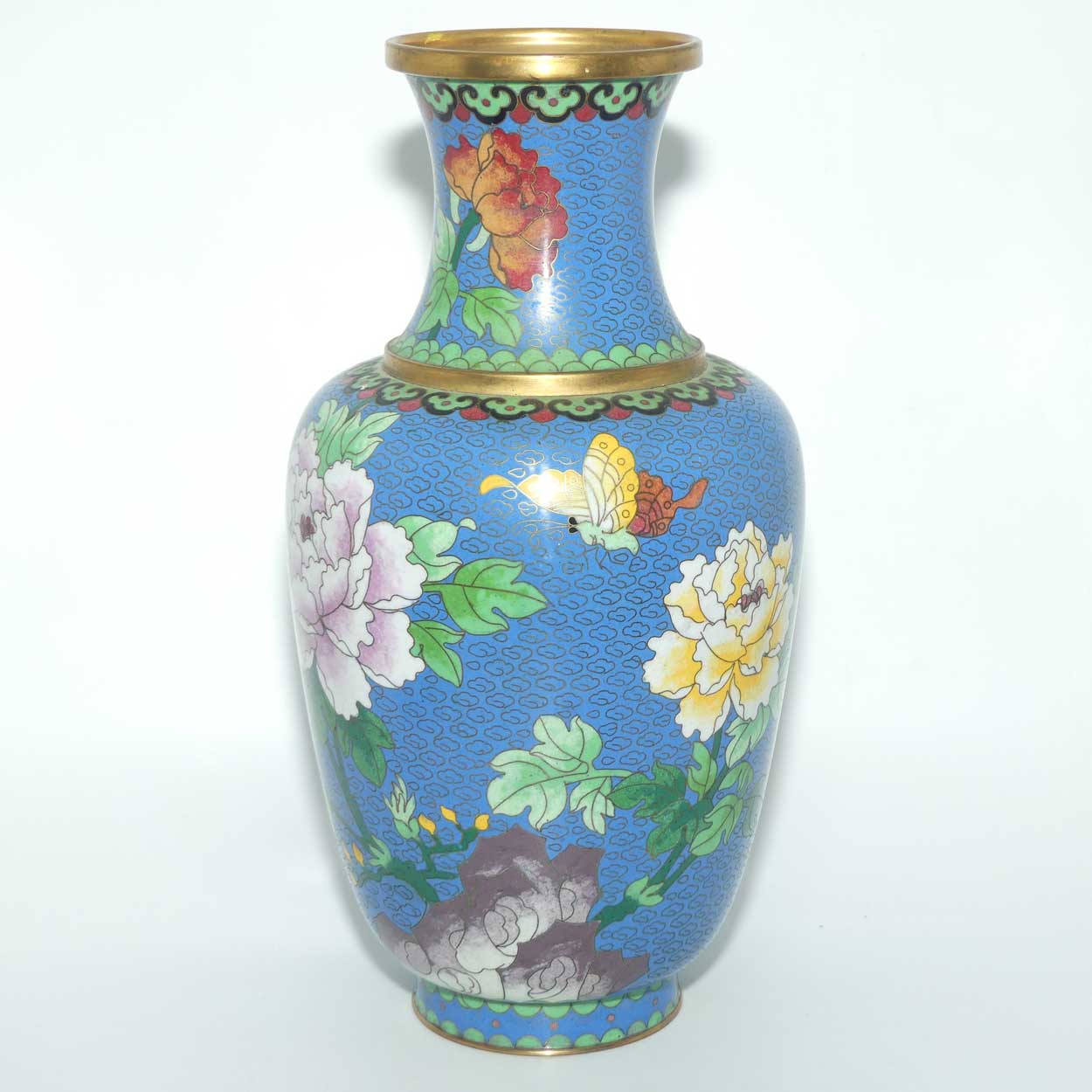 Mid Century Cloisonne vase | Blue Body #1 | Flowers and Butterfly | 31cm