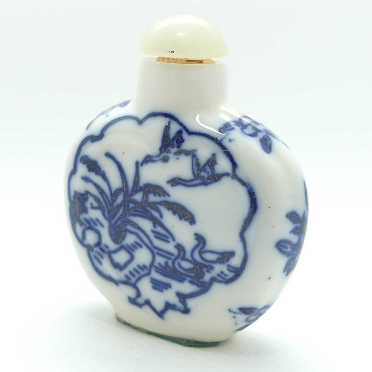 Chinese Blue and White Village pattern Snuff Bottle | Pale Green stone stopper
